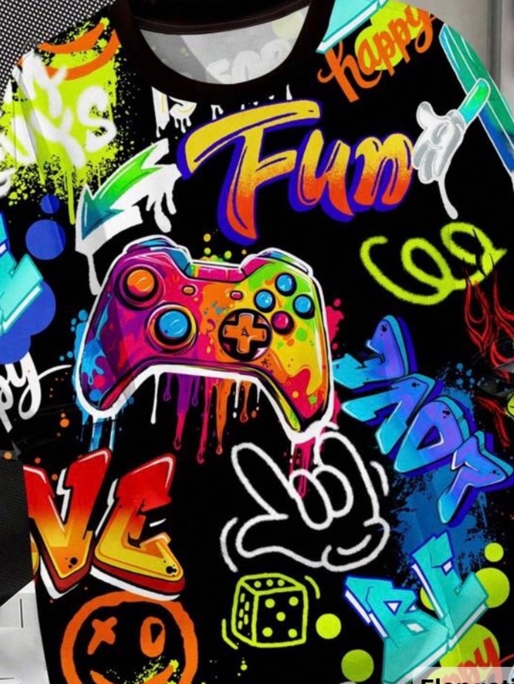 SHEIN Black Neon Graphic Gamer Controller Print Short Sleeve Tee